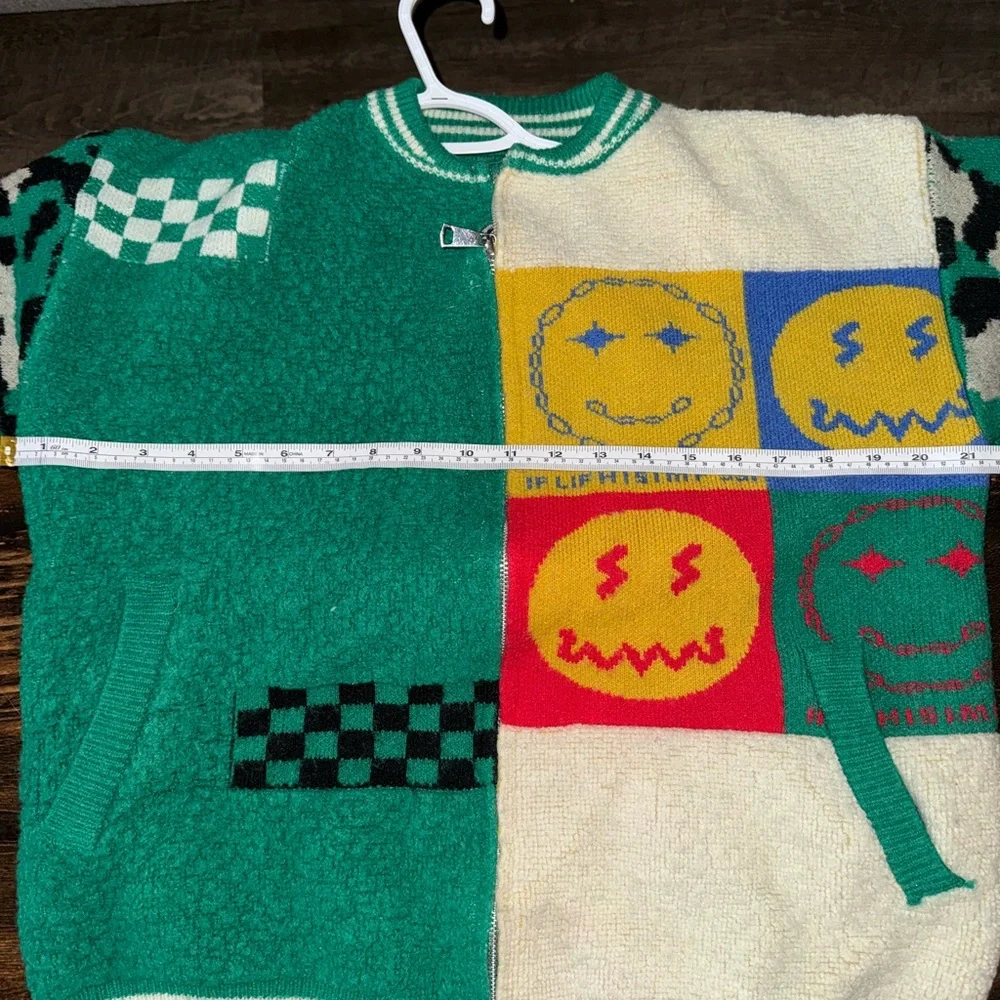 Rare Smiley Patchwork Knit Bomber Jacket Green Leopard Check Full Zip Streetwear